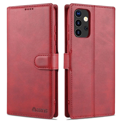AZNS Wallet Stand Leather Shell Cell Phone Cover Case for Samsung Galaxy A72 5G / A72 4G - Red - 1