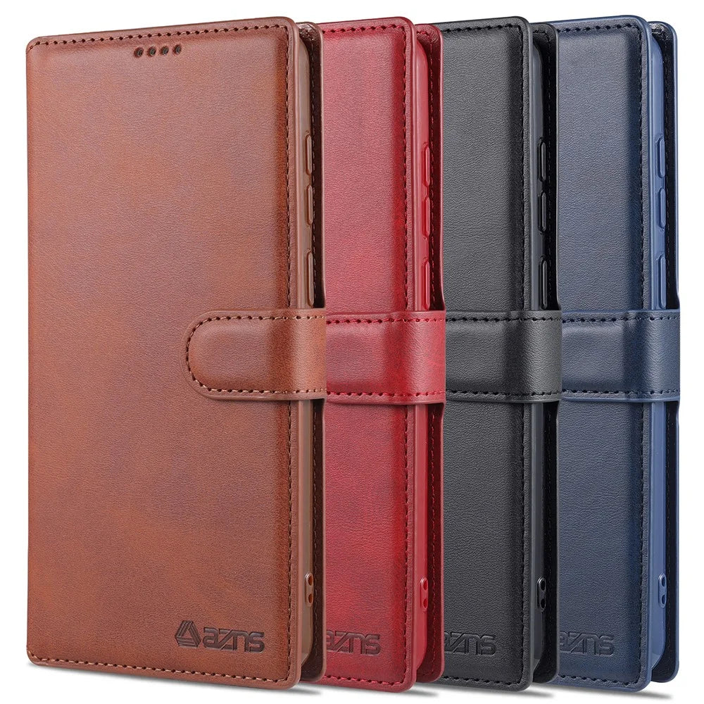 AZNS Wallet Stand Leather Shell Cell Phone Cover Case for Samsung Galaxy A72 5G / A72 4G - Red - 6