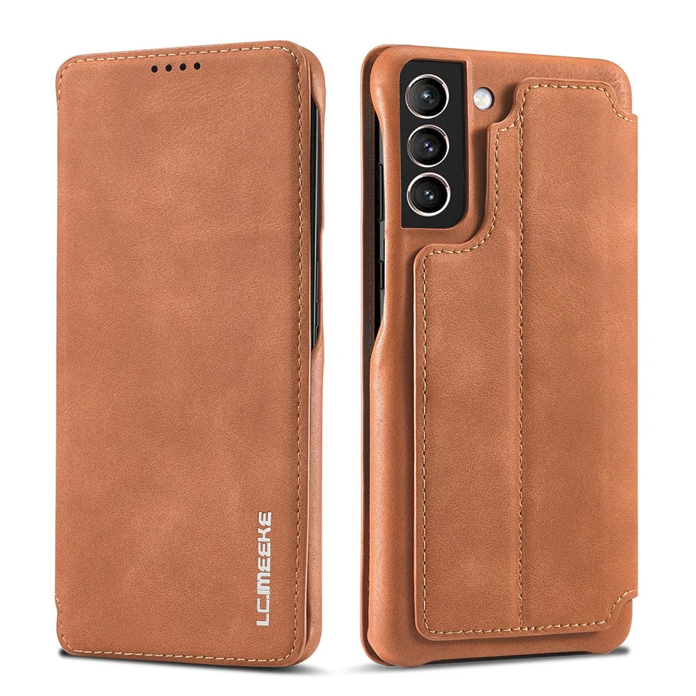 For Samsung Galaxy S21 4G/5G LC.IMEEKE Retro Style Protector Stand Leather Case with Card Holder - Brown - 1