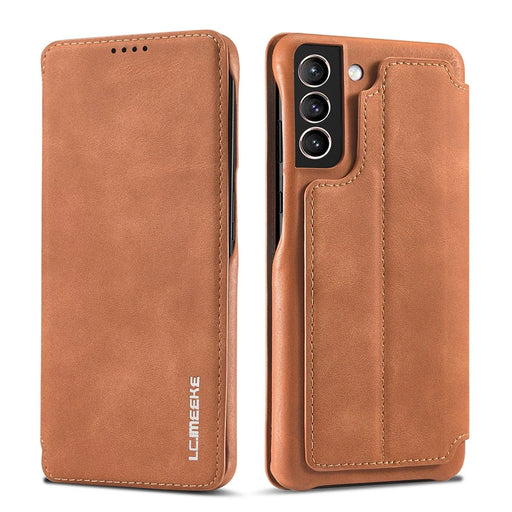 For Samsung Galaxy S21 4G/5G LC.IMEEKE Retro Style Protector Stand Leather Case with Card Holder - Brown - 1