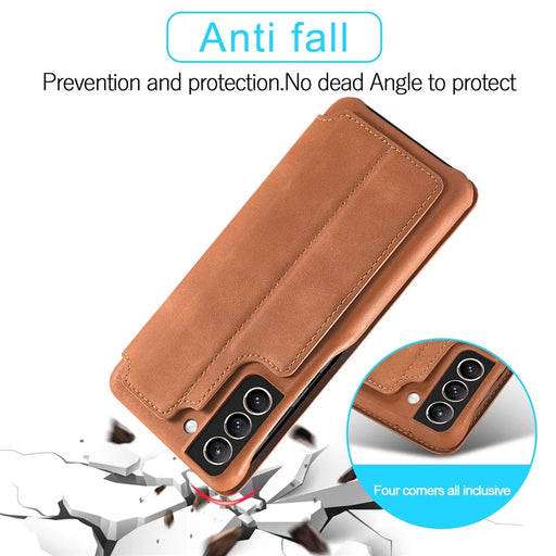 For Samsung Galaxy S21 4G/5G LC.IMEEKE Retro Style Protector Stand Leather Case with Card Holder - Brown - 2