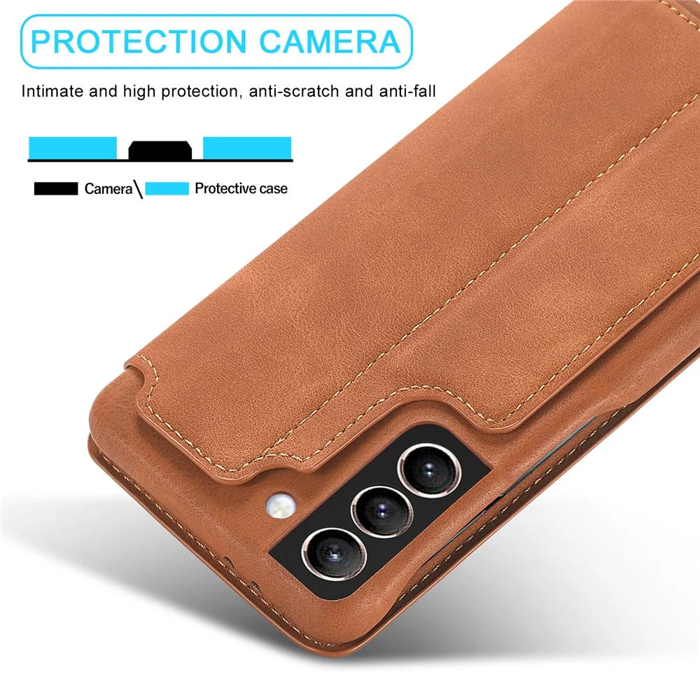 For Samsung Galaxy S21 4G/5G LC.IMEEKE Retro Style Protector Stand Leather Case with Card Holder - Brown - 4