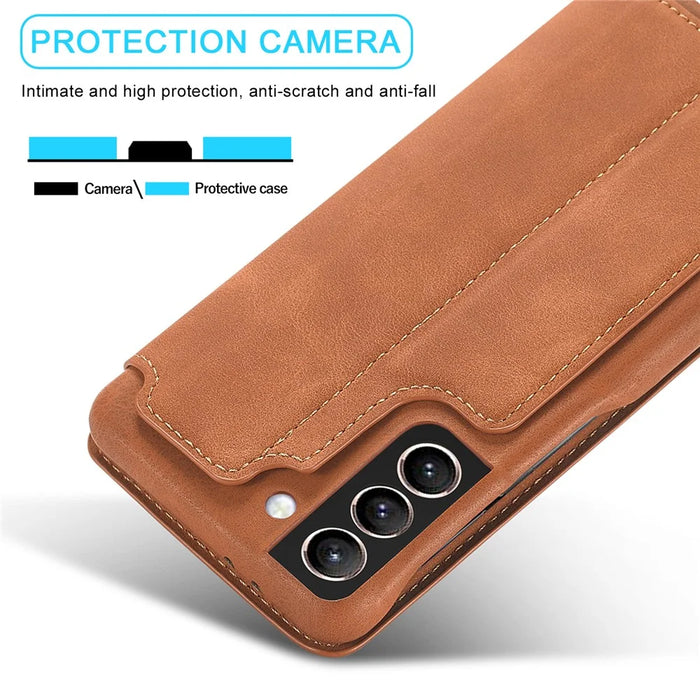 For Samsung Galaxy S21 4G/5G LC.IMEEKE Retro Style Protector Stand Leather Case with Card Holder - Brown - 4