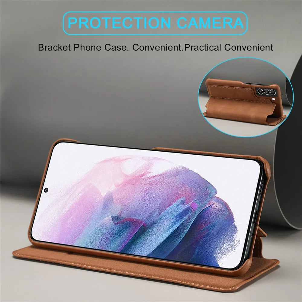For Samsung Galaxy S21 4G/5G LC.IMEEKE Retro Style Protector Stand Leather Case with Card Holder - Brown - 5
