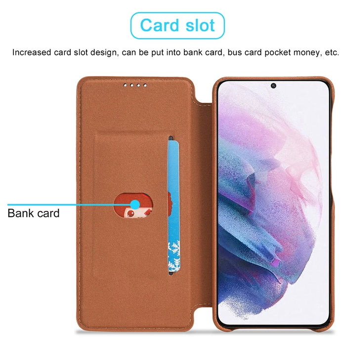 For Samsung Galaxy S21 4G/5G LC.IMEEKE Retro Style Protector Stand Leather Case with Card Holder - Brown - 6