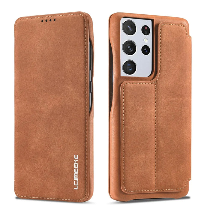 LC.IMEEKE Retro Style Protector Stand Leather Case with Card Holder for Samsung Galaxy S21 Ultra 5G - Brown - 1