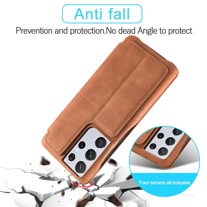 LC.IMEEKE Retro Style Protector Stand Leather Case with Card Holder for Samsung Galaxy S21 Ultra 5G - Brown - 2