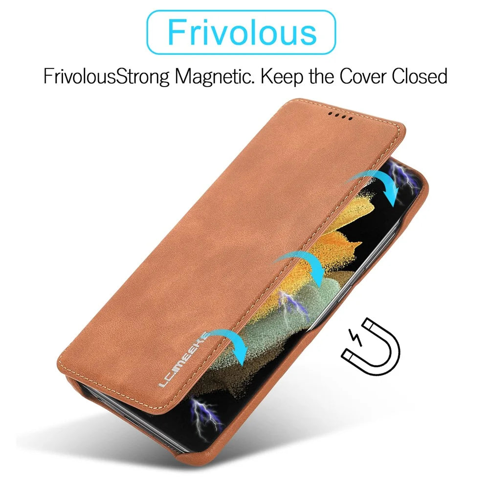 LC.IMEEKE Retro Style Protector Stand Leather Case with Card Holder for Samsung Galaxy S21 Ultra 5G - Brown - 3
