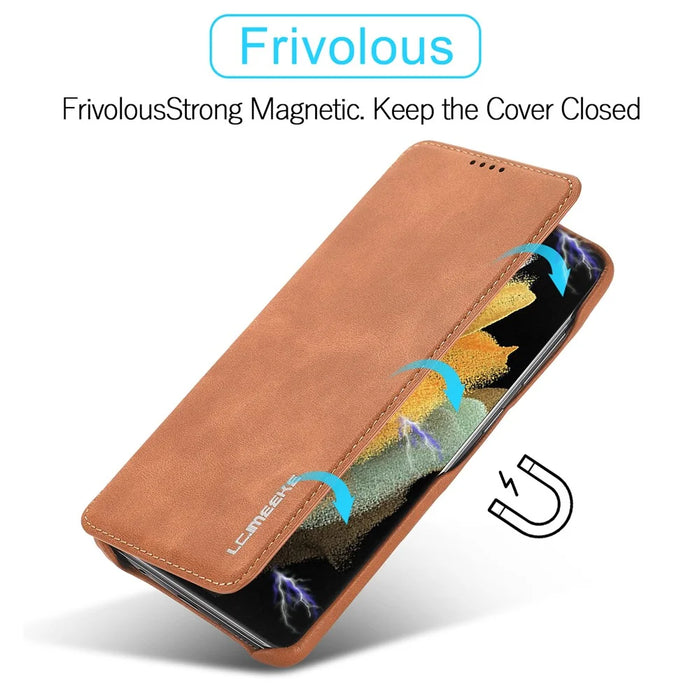 LC.IMEEKE Retro Style Protector Stand Leather Case with Card Holder for Samsung Galaxy S21 Ultra 5G - Brown - 3