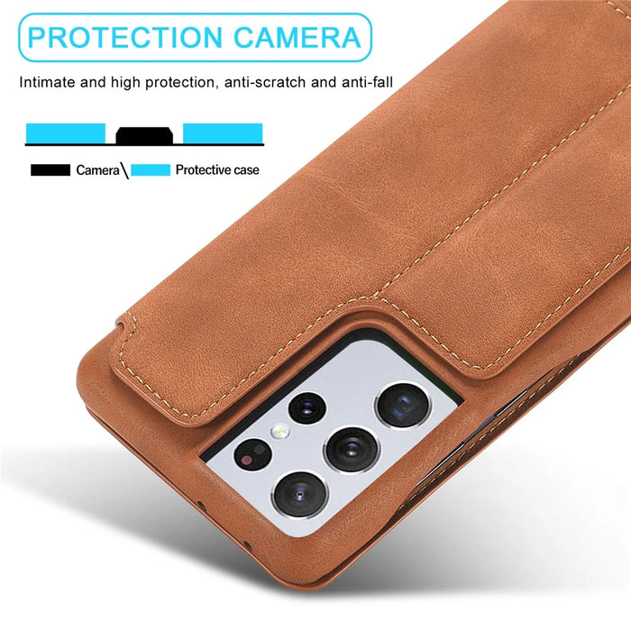 LC.IMEEKE Retro Style Protector Stand Leather Case with Card Holder for Samsung Galaxy S21 Ultra 5G - Brown - 4