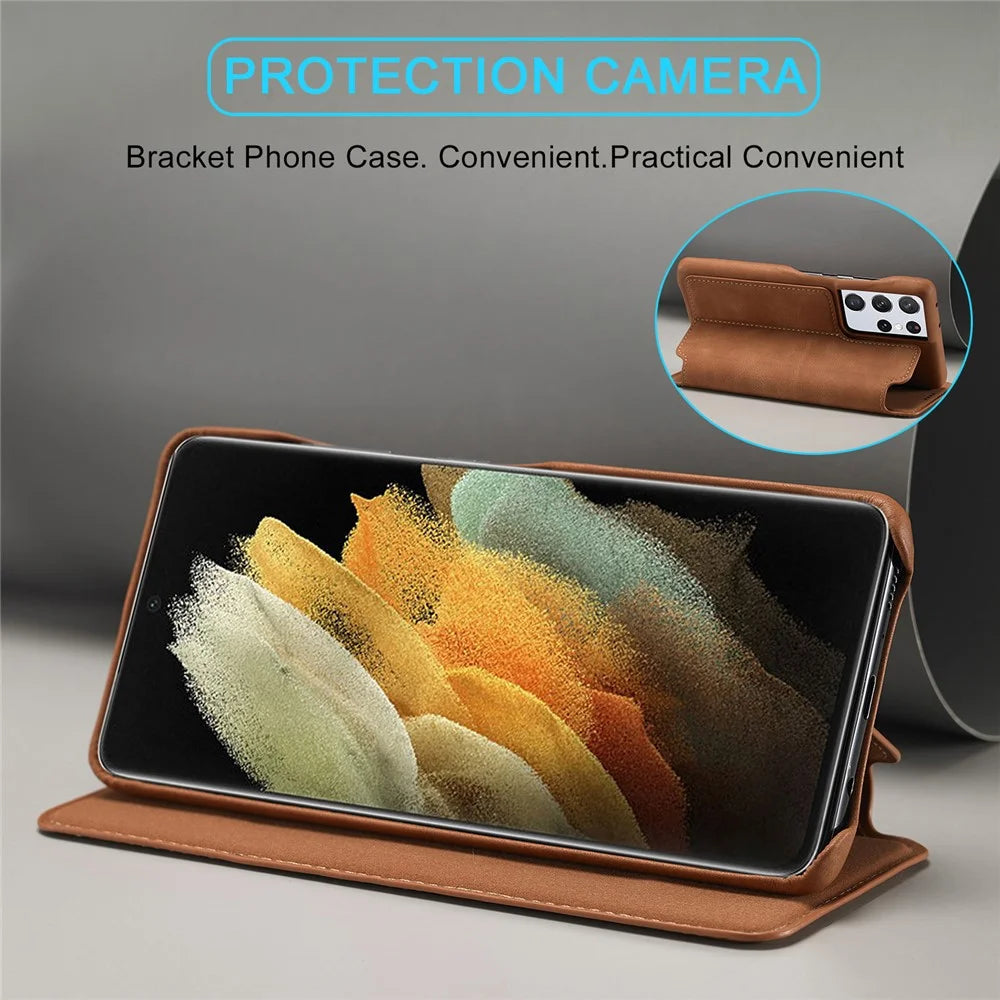 LC.IMEEKE Retro Style Protector Stand Leather Case with Card Holder for Samsung Galaxy S21 Ultra 5G - Brown - 5