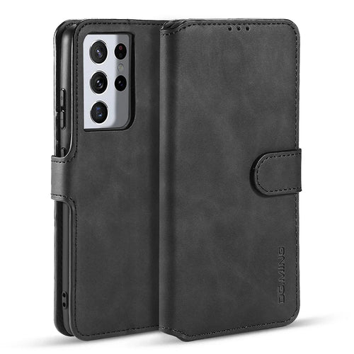 DG.MING Retro Style Leather Wallet Stand Case for Samsung Galaxy S21 Ultra 5G Cover - Black - 1