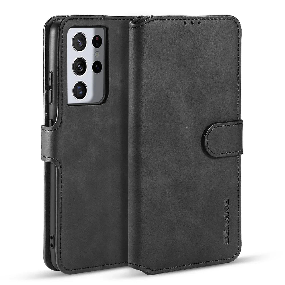 DG.MING Retro Style Leather Wallet Stand Case for Samsung Galaxy S21 Ultra 5G Cover - Black - 1