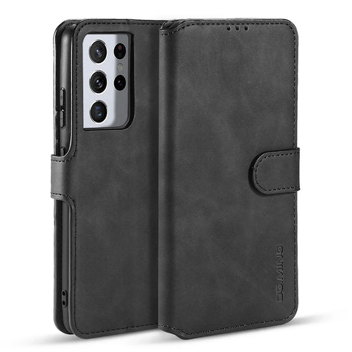 DG.MING Retro Style Leather Wallet Stand Case for Samsung Galaxy S21 Ultra 5G Cover - Black - 1