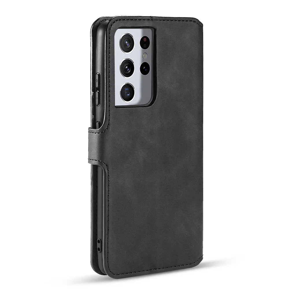 DG.MING Retro Style Leather Wallet Stand Case for Samsung Galaxy S21 Ultra 5G Cover - Black - 3