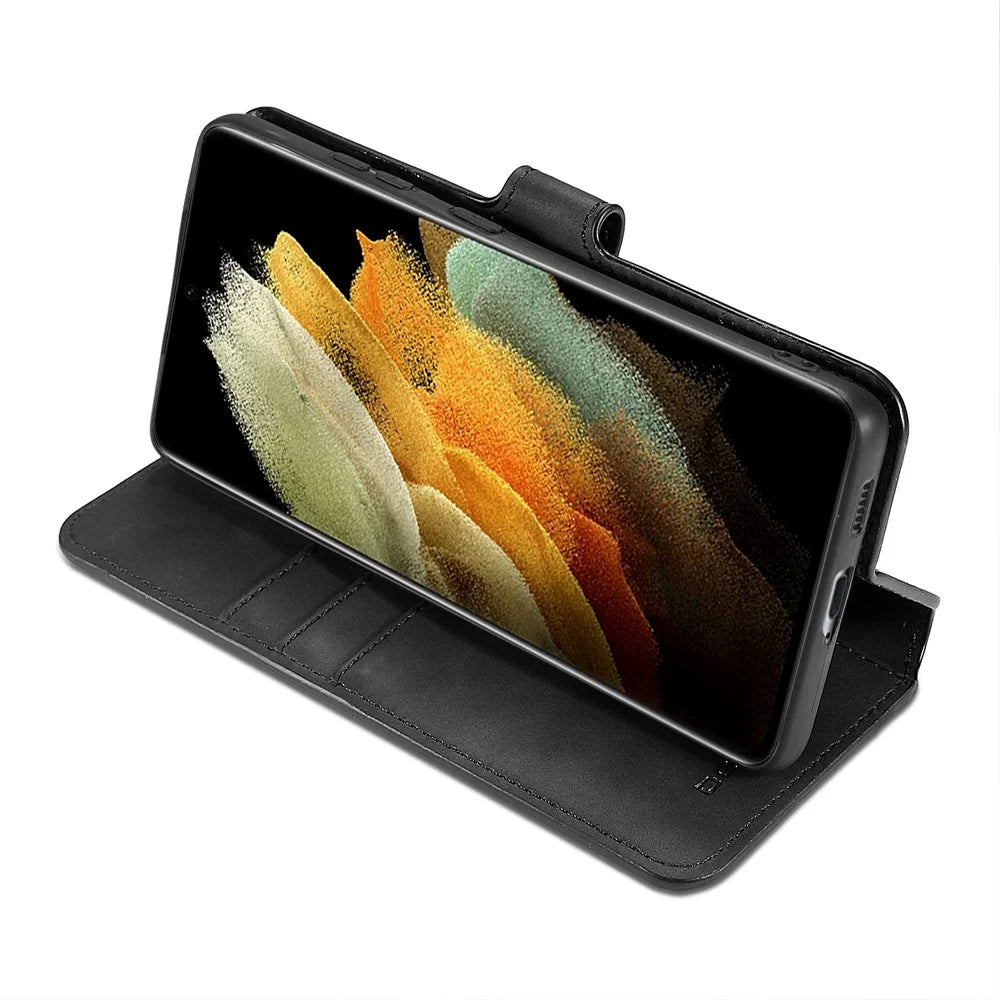 DG.MING Retro Style Leather Wallet Stand Case for Samsung Galaxy S21 Ultra 5G Cover - Black - 4
