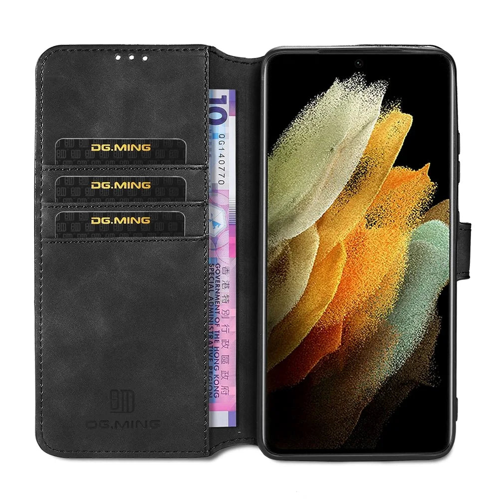 DG.MING Retro Style Leather Wallet Stand Case for Samsung Galaxy S21 Ultra 5G Cover - Black - 6