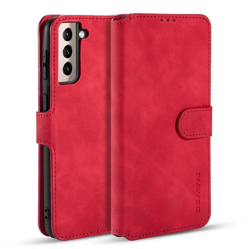 For Samsung Galaxy S21 4G/5G DG.MING Retro Style Leather Wallet Case Stand Cover - Red - 1