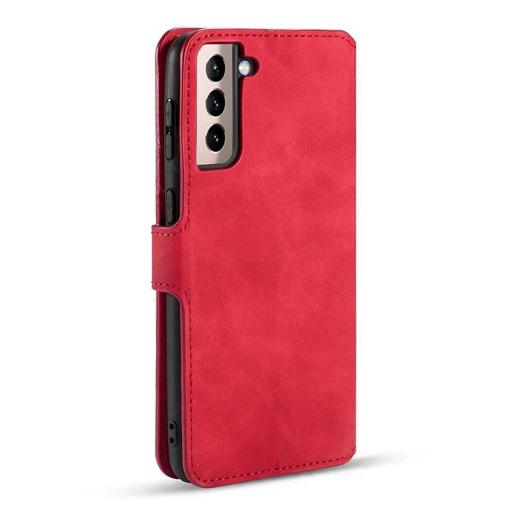 For Samsung Galaxy S21 4G/5G DG.MING Retro Style Leather Wallet Case Stand Cover - Red - 3