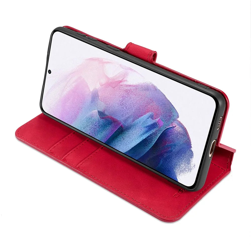 For Samsung Galaxy S21 4G/5G DG.MING Retro Style Leather Wallet Case Stand Cover - Red - 4