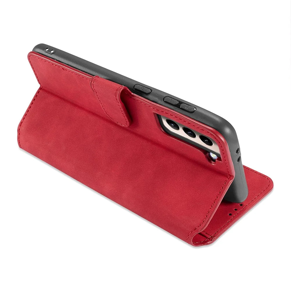 For Samsung Galaxy S21 4G/5G DG.MING Retro Style Leather Wallet Case Stand Cover - Red - 5