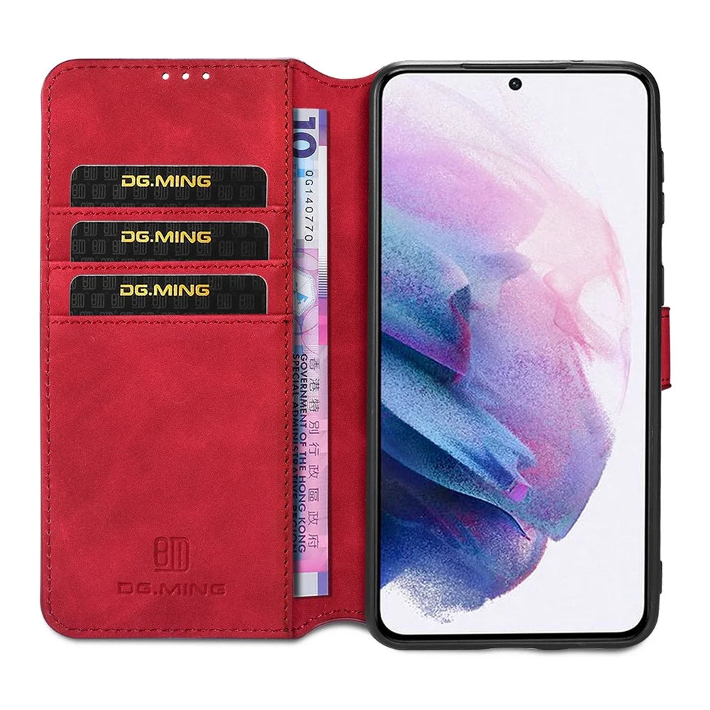 For Samsung Galaxy S21 4G/5G DG.MING Retro Style Leather Wallet Case Stand Cover - Red - 6