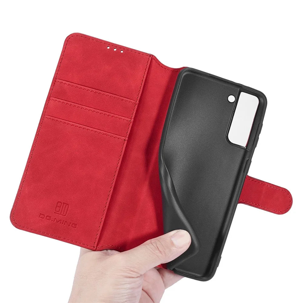 For Samsung Galaxy S21 4G/5G DG.MING Retro Style Leather Wallet Case Stand Cover - Red - 7