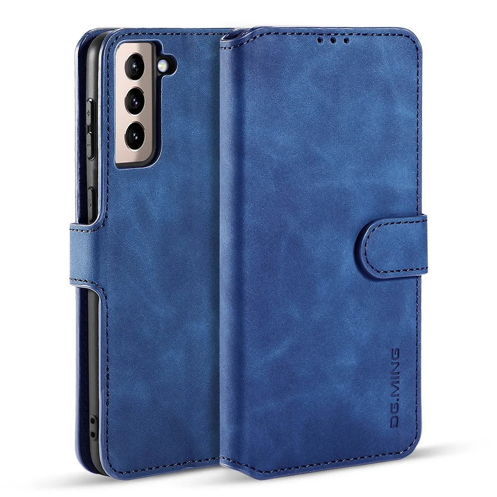 DG.MING Retro Style Leather Protector Case for Samsung Galaxy S21+ 5G Stand Cover - Blue - 1