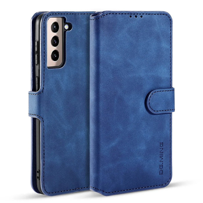 DG.MING Retro Style Leather Protector Case for Samsung Galaxy S21+ 5G Stand Cover - Blue - 1