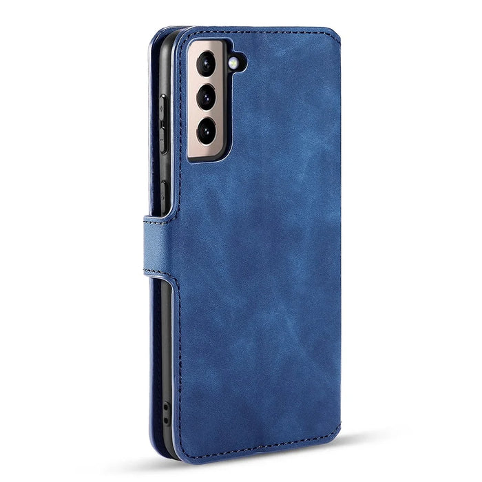 DG.MING Retro Style Leather Protector Case for Samsung Galaxy S21+ 5G Stand Cover - Blue - 3