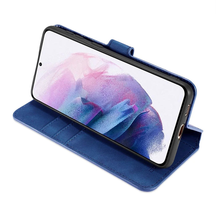 DG.MING Retro Style Leather Protector Case for Samsung Galaxy S21+ 5G Stand Cover - Blue - 4