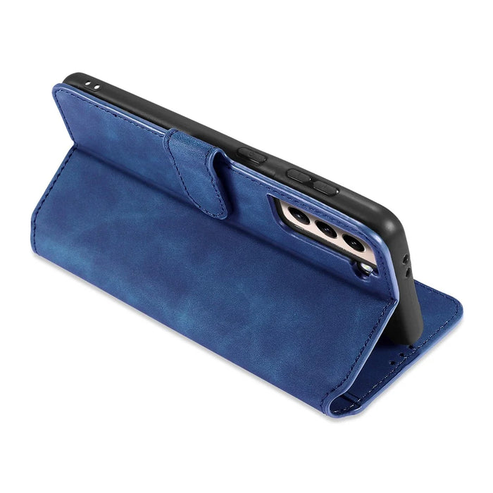 DG.MING Retro Style Leather Protector Case for Samsung Galaxy S21+ 5G Stand Cover - Blue - 5