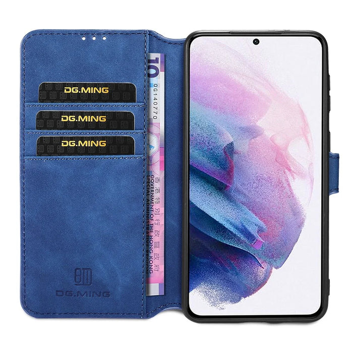 DG.MING Retro Style Leather Protector Case for Samsung Galaxy S21+ 5G Stand Cover - Blue - 6