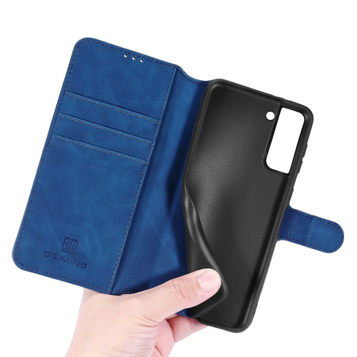 DG.MING Retro Style Leather Protector Case for Samsung Galaxy S21+ 5G Stand Cover - Blue - 7