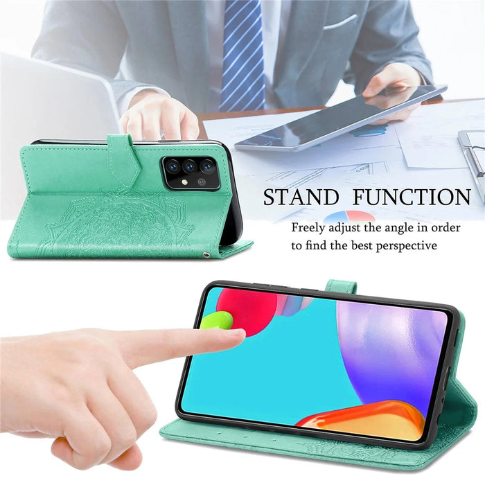 Embossed Mandala Flower Leather Case with Wallet Stand for Samsung Galaxy A52 4G/5G / A52s 5G - Green - 6