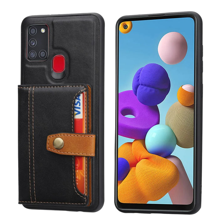Card Slots PU Leather Coated TPU Case [Kickstand] for Samsung Galaxy A21s - Black - 1