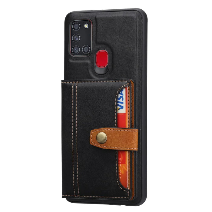 Card Slots PU Leather Coated TPU Case [Kickstand] for Samsung Galaxy A21s - Black - 2