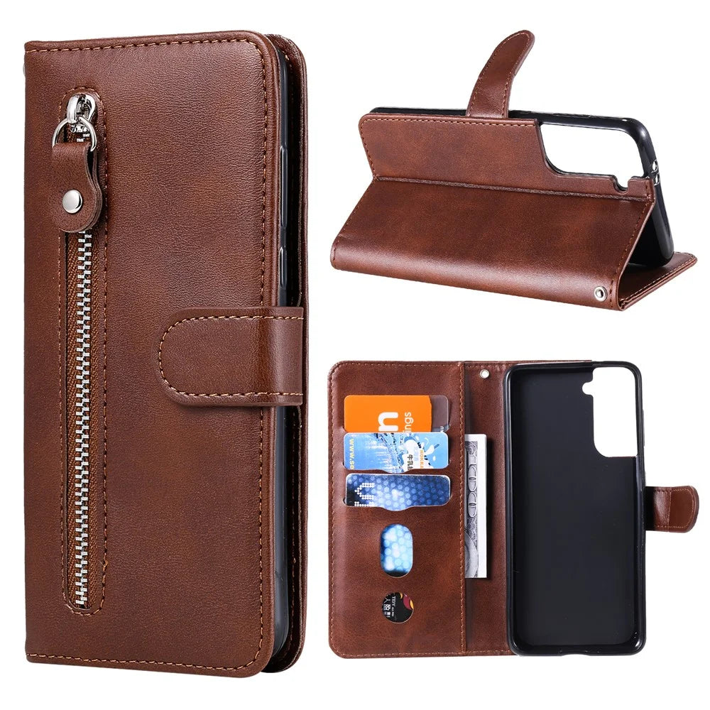 For Samsung Galaxy S21 4G/5G Zipper Pocket Leather Wallet Stand Case - Brown - 1
