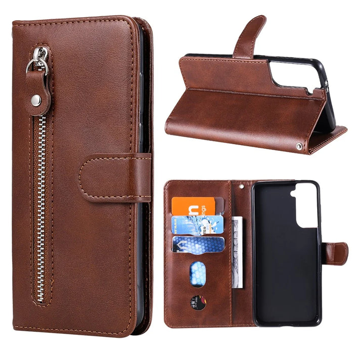 For Samsung Galaxy S21 4G/5G Zipper Pocket Leather Wallet Stand Case - Brown - 1