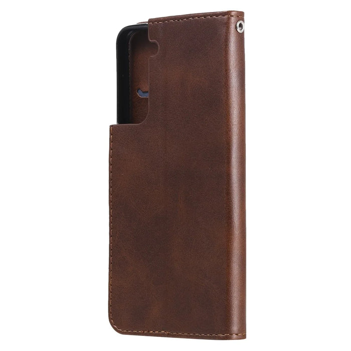 For Samsung Galaxy S21 4G/5G Zipper Pocket Leather Wallet Stand Case - Brown - 2