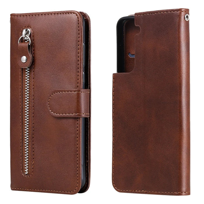For Samsung Galaxy S21 4G/5G Zipper Pocket Leather Wallet Stand Case - Brown - 3