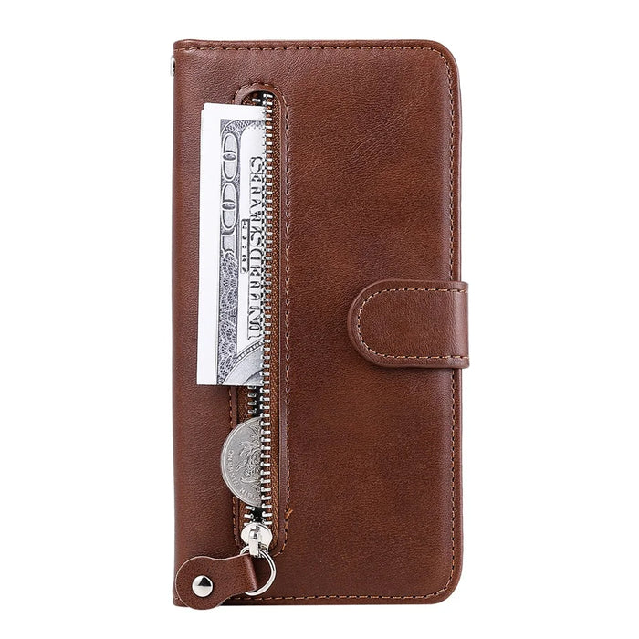 For Samsung Galaxy S21 4G/5G Zipper Pocket Leather Wallet Stand Case - Brown - 4