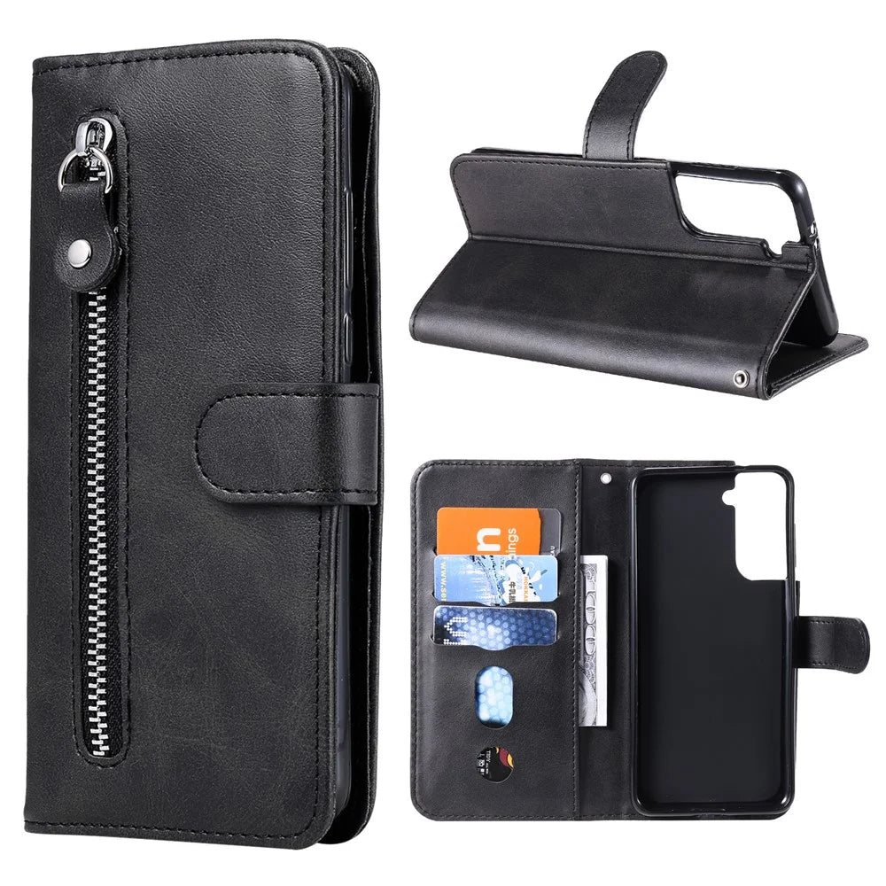 Zipper Pocket Leather Wallet Stand Case for Samsung Galaxy S21+ 5G - Black - 1
