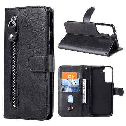 Zipper Pocket Leather Wallet Stand Case for Samsung Galaxy S21+ 5G - Black - 1
