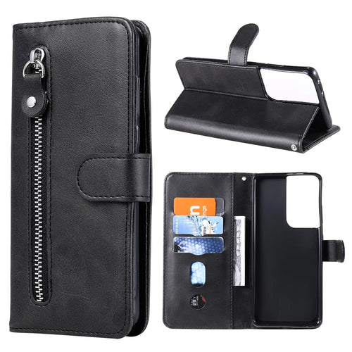Zipper Pocket Leather Wallet Stand Case for Samsung Galaxy S21 Ultra 5G - Black - 1
