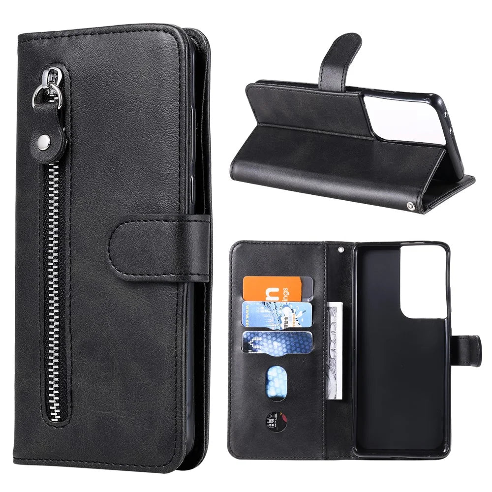 Zipper Pocket Leather Wallet Stand Case for Samsung Galaxy S21 Ultra 5G - Black - 1