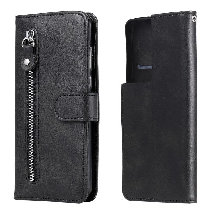 Zipper Pocket Leather Wallet Stand Case for Samsung Galaxy S21 Ultra 5G - Black - 2