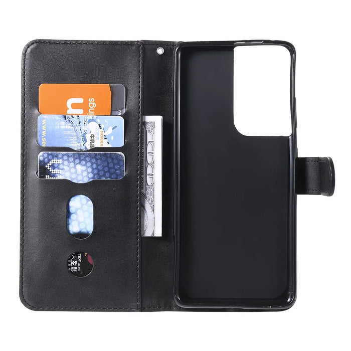 Zipper Pocket Leather Wallet Stand Case for Samsung Galaxy S21 Ultra 5G - Black - 5