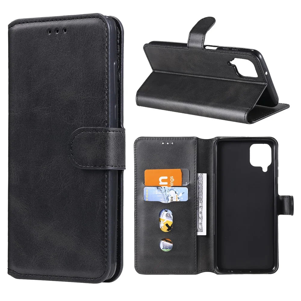 Classic Wallet Stand Flip Leather Phone Case for Samsung Galaxy A12 - Black - 1