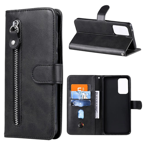 Zipper Pocket Wallet Leather Stand Smartphone Case for Samsung Galaxy A52 4G/5G / A52s 5G - Black - 1